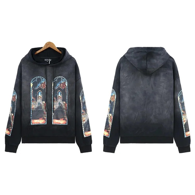 Washed distressed heavy-duty printed suit retro hooded sweatshirt