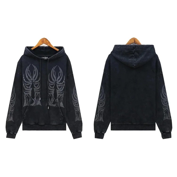 Washed distressed heavy-duty printed suit retro hooded sweatshirt