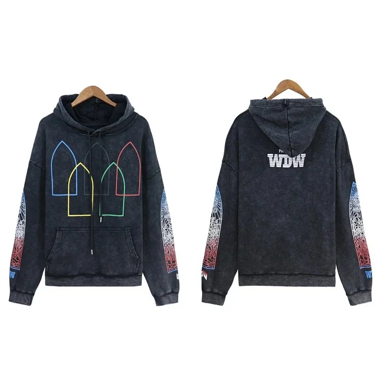 Washed distressed heavy-duty printed suit retro hooded sweatshirt