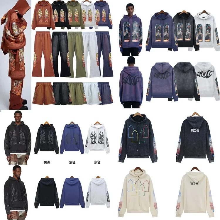 Washed distressed heavy-duty printed suit retro hooded sweatshirt