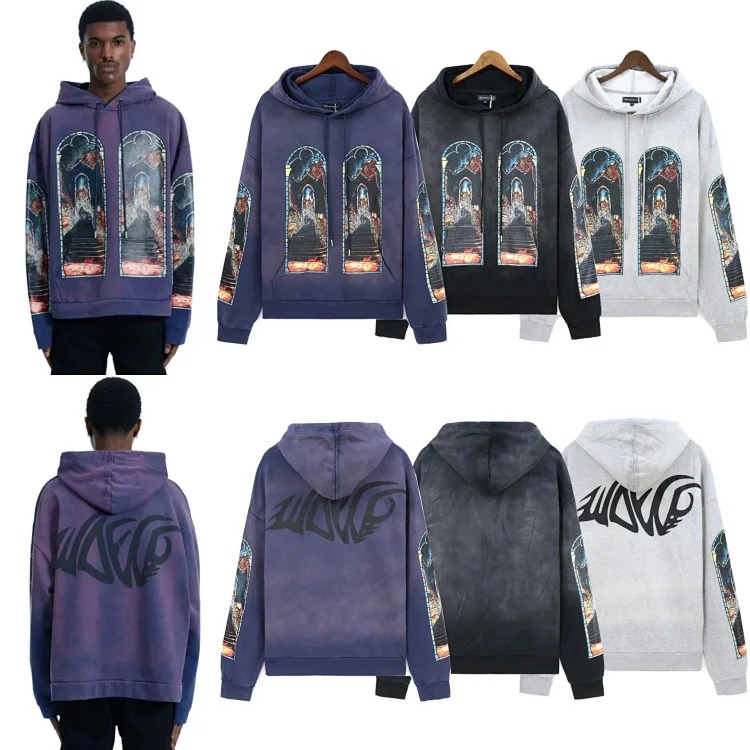 Washed distressed heavy-duty printed suit retro hooded sweatshirt