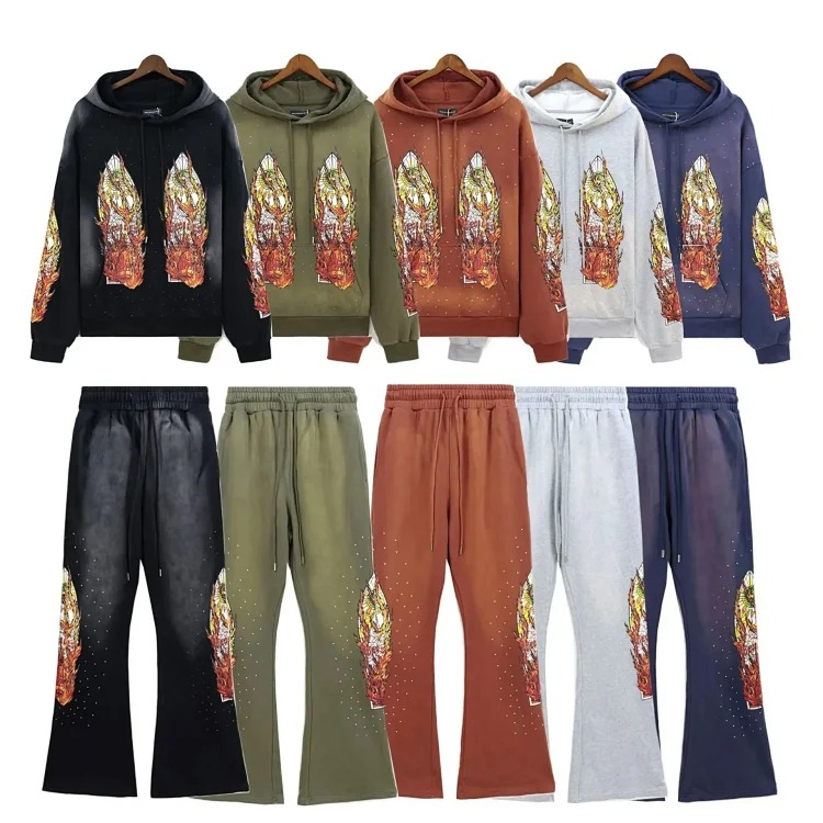 Washed distressed heavy-duty printed suit retro hooded sweatshirt