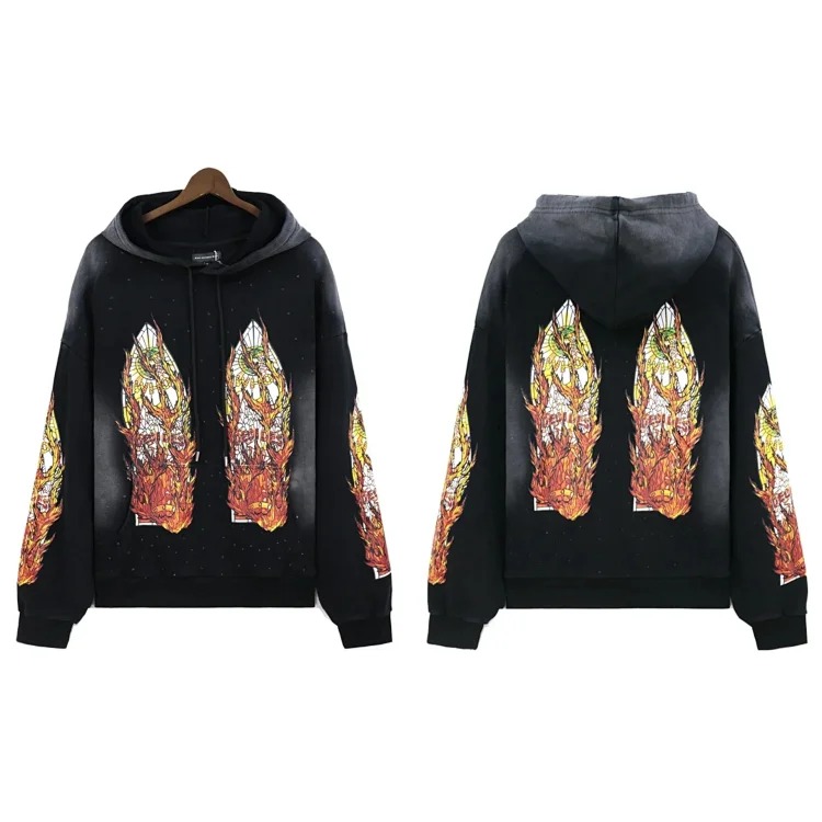 Washed distressed heavy-duty printed suit retro hooded sweatshirt