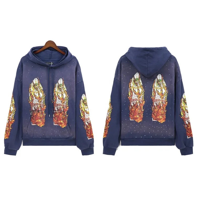Washed distressed heavy-duty printed suit retro hooded sweatshirt