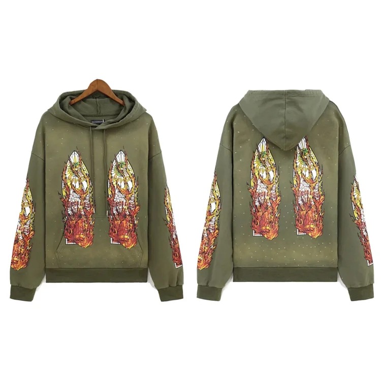 Washed distressed heavy-duty printed suit retro hooded sweatshirt