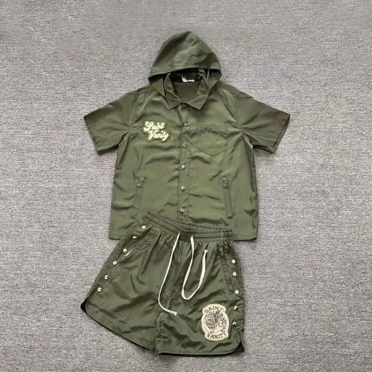 Saint lettering towel embroidered hooded short-sleeved shirt casual shorts suit