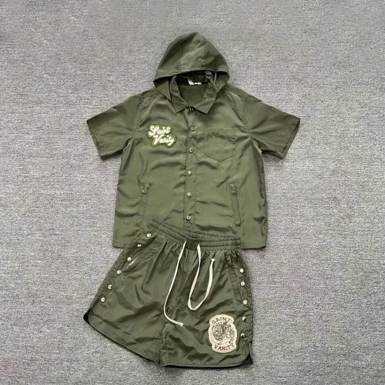 Saint lettering towel embroidered hooded short-sleeved shirt casual shorts suit