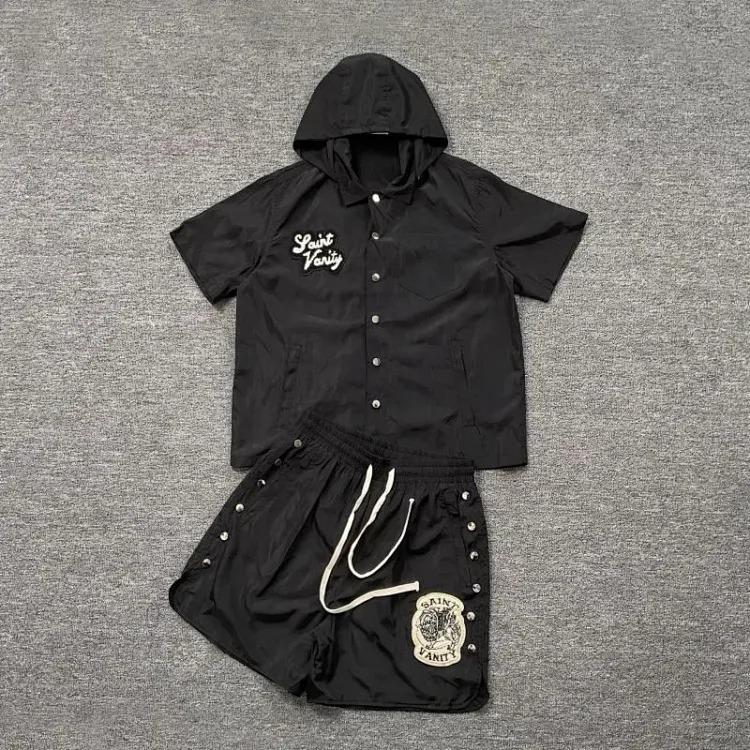 Saint lettering towel embroidered hooded short-sleeved shirt casual shorts suit