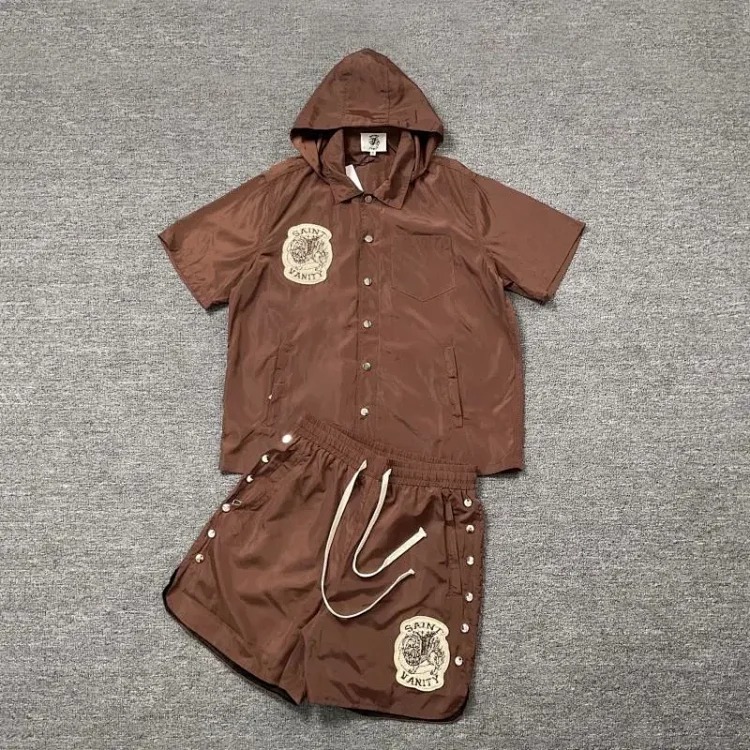 Saint lettering towel embroidered hooded short-sleeved shirt casual shorts suit