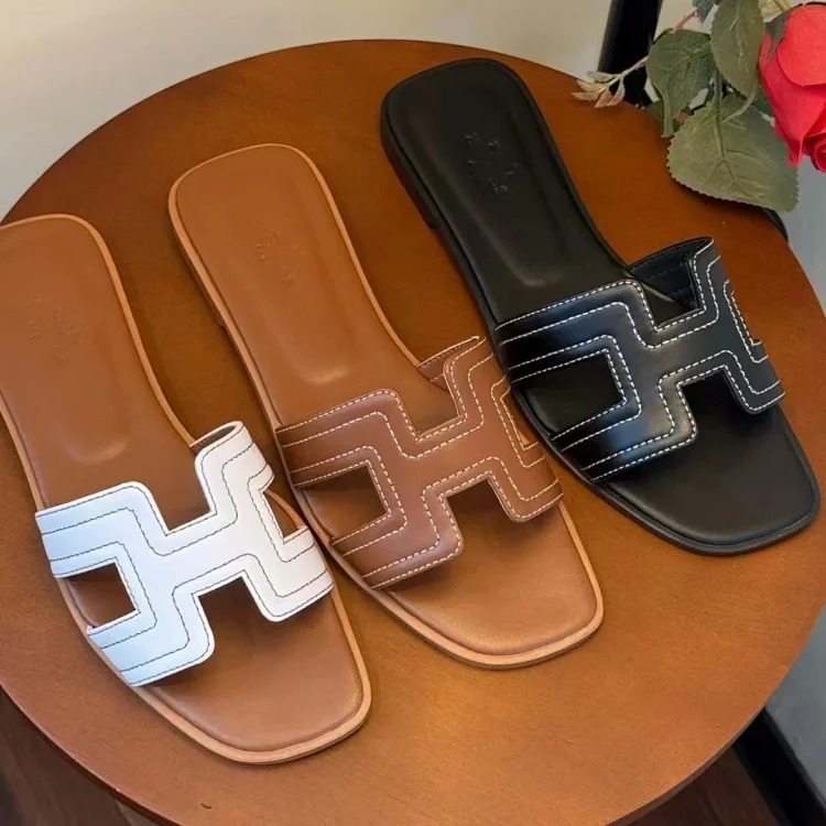 H family flat slippers for women, sheepskin all-inclusive embroidery thread for outer wear
