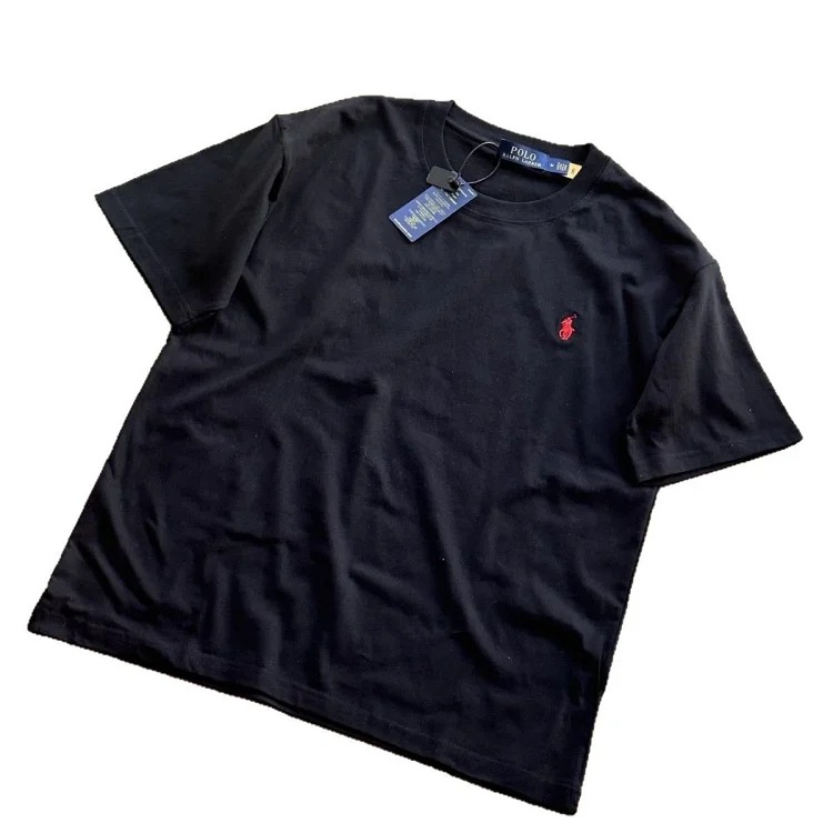 Versatile solid color classic cotton T-shirt with seven-color pony embroidery for couples