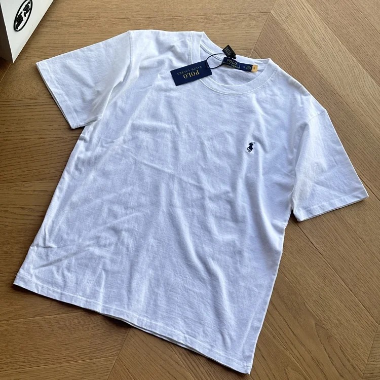Versatile solid color classic cotton T-shirt with seven-color pony embroidery for couples