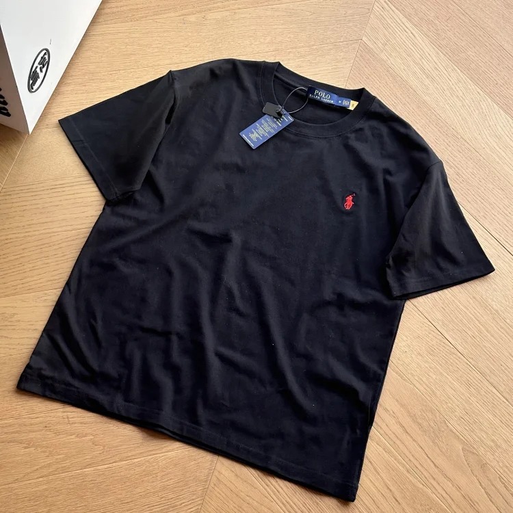 Versatile solid color classic cotton T-shirt with seven-color pony embroidery for couples