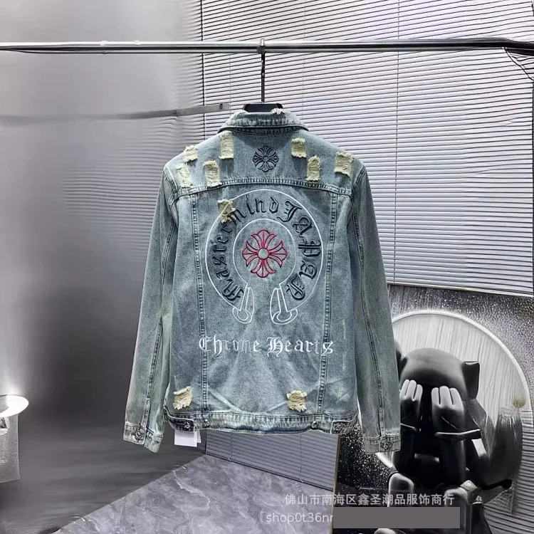 23 new CH pure cotton denim high-tech washed embroidered cat whiskers hole trendy men's jacket