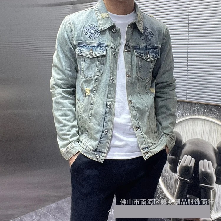 23 new CH pure cotton denim high-tech washed embroidered cat whiskers hole trendy men's jacket
