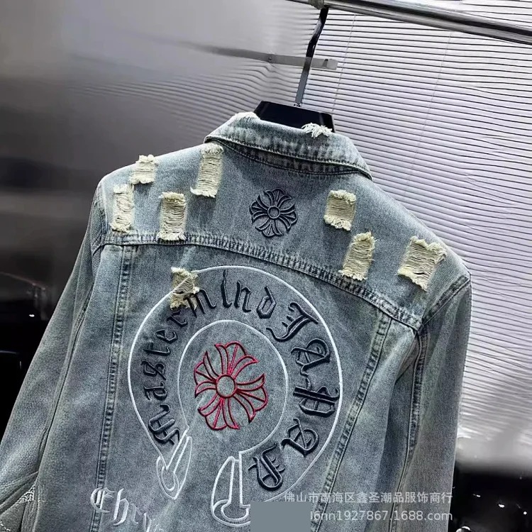 23 new CH pure cotton denim high-tech washed embroidered cat whiskers hole trendy men's jacket