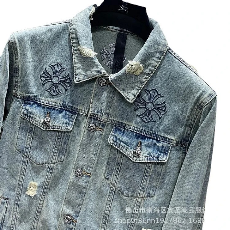 23 new CH pure cotton denim high-tech washed embroidered cat whiskers hole trendy men's jacket