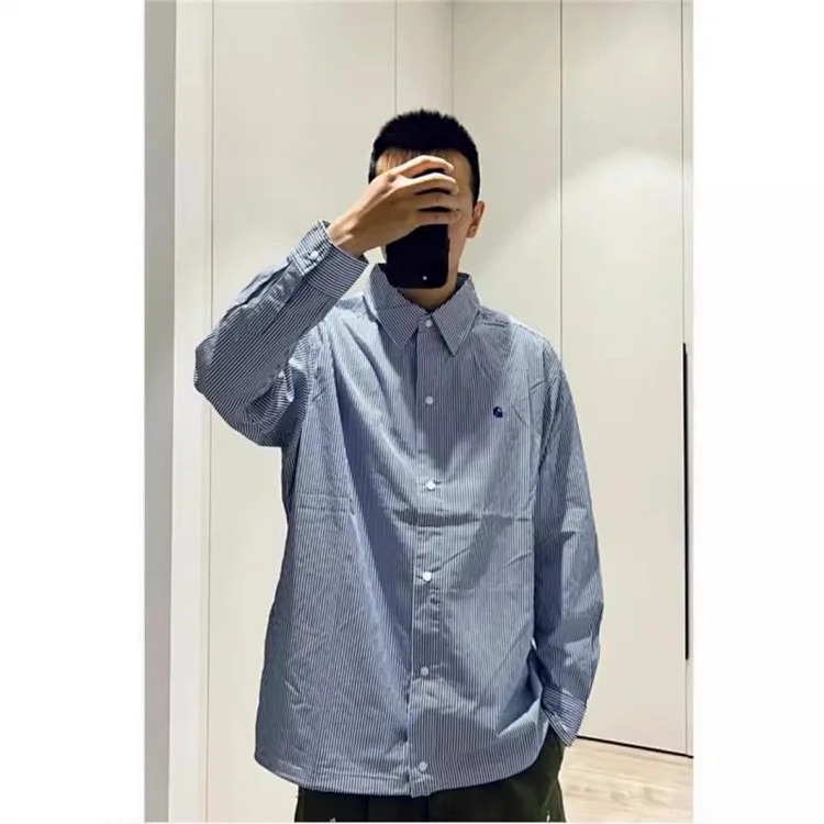 Long-sleeved shirt striped couple loose retro small logo embroidered thin coat jacket