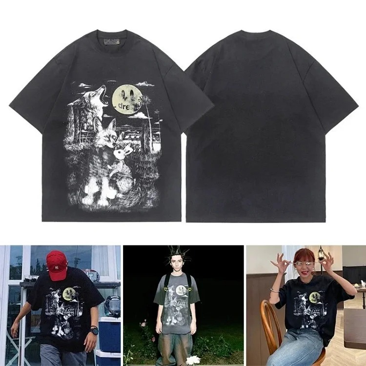 Currency Busters Drew Smiling Full Moon Big Bad Wolf Trendy Brand Men and Women Couples Pure Cotton Loose and Versatile Short Sleeve T-Shirt