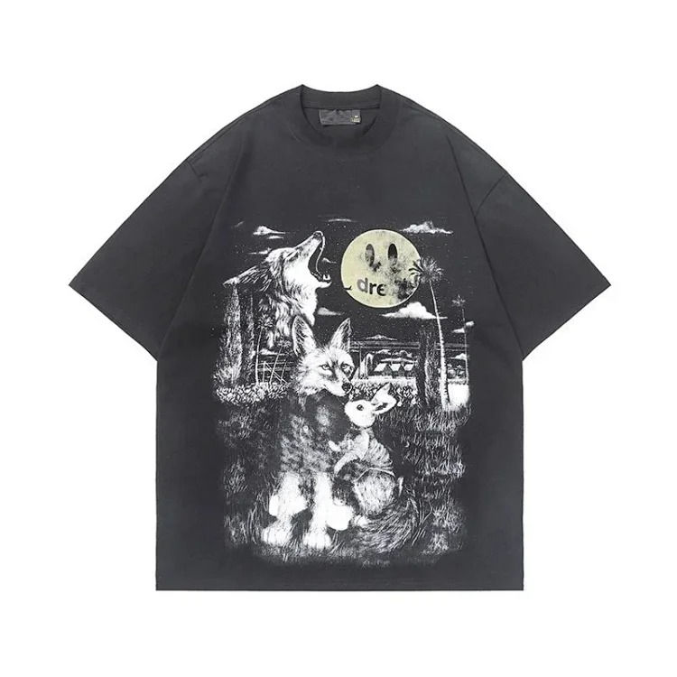 Currency Busters Drew Smiling Full Moon Big Bad Wolf Trendy Brand Men and Women Couples Pure Cotton Loose and Versatile Short Sleeve T-Shirt