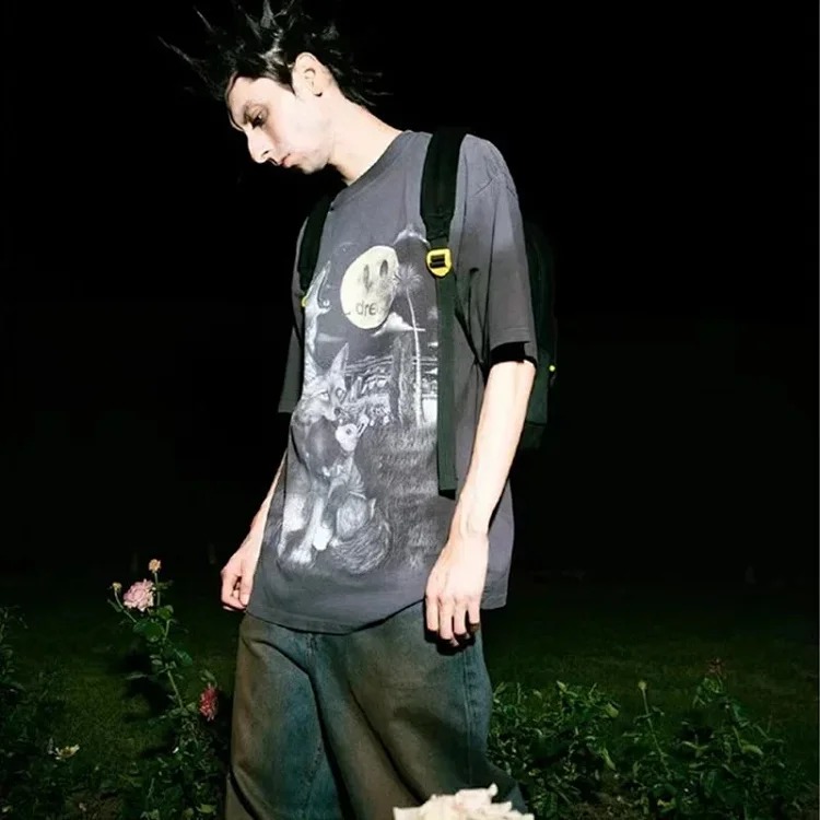 Currency Busters Drew Smiling Full Moon Big Bad Wolf Trendy Brand Men and Women Couples Pure Cotton Loose and Versatile Short Sleeve T-Shirt