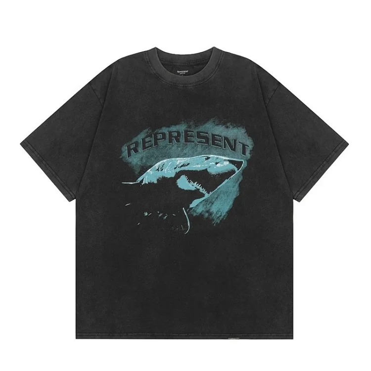 Collection Eagle Shark Pattern Printed Round Neck Short Sleeve Beauty Trendy Hip Hop