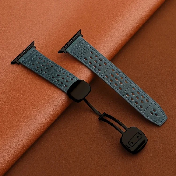 Suitable for Apple iwatch strap Huawei gt5 Sichuan style hole s11 crazy horse pattern 0 genuine leather ultra magnetic buckle breathable