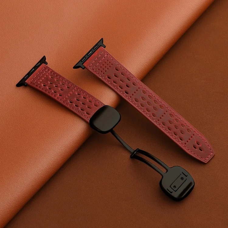 Suitable for Apple iwatch strap Huawei gt5 Sichuan style hole s11 crazy horse pattern 0 genuine leather ultra magnetic buckle breathable