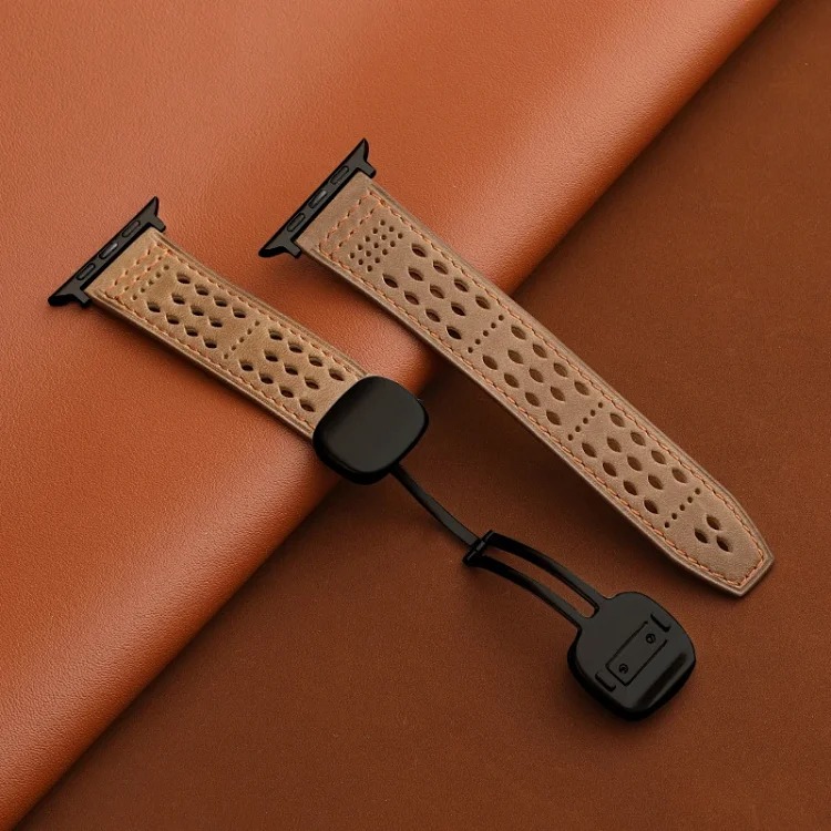 Suitable for Apple iwatch strap Huawei gt5 Sichuan style hole s11 crazy horse pattern 0 genuine leather ultra magnetic buckle breathable