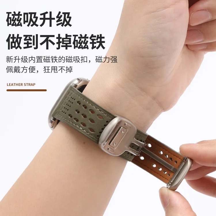 Suitable for Apple iwatch strap Huawei gt5 Sichuan style hole s11 crazy horse pattern 0 genuine leather ultra magnetic buckle breathable