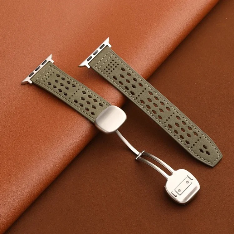 Suitable for Apple iwatch strap Huawei gt5 Sichuan style hole s11 crazy horse pattern 0 genuine leather ultra magnetic buckle breathable