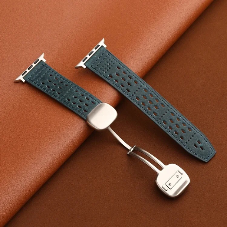 Suitable for Apple iwatch strap Huawei gt5 Sichuan style hole s11 crazy horse pattern 0 genuine leather ultra magnetic buckle breathable