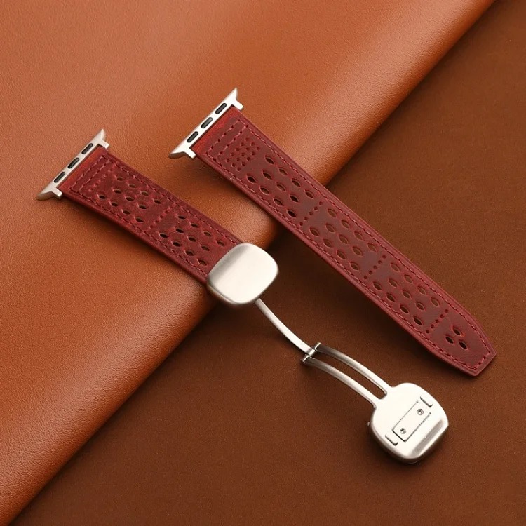 Suitable for Apple iwatch strap Huawei gt5 Sichuan style hole s11 crazy horse pattern 0 genuine leather ultra magnetic buckle breathable