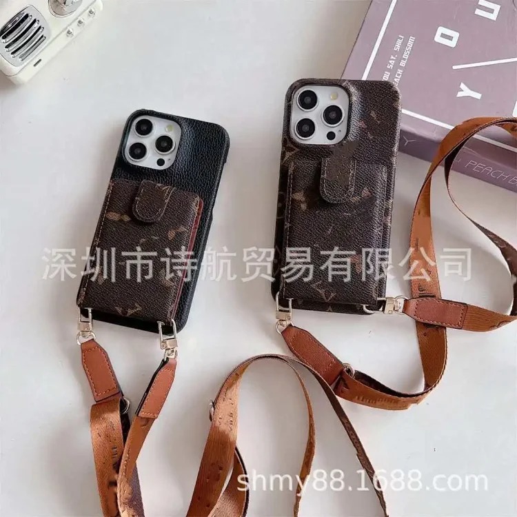 Trendy brand one-shoulder cross-body card holder suitable for ihone16roMax mobile phone case half-pack leather foreign trade 14 soft shell