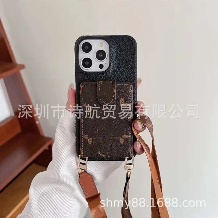 Trendy brand shoulder cross-body card holder suitable for ihone16ro Max mobile phone case half pack leather foreign trade 14 soft shell image 2