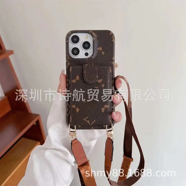Trendy brand shoulder cross-body card holder suitable for ihone16ro Max mobile phone case half pack leather foreign trade 14 soft shell image 3