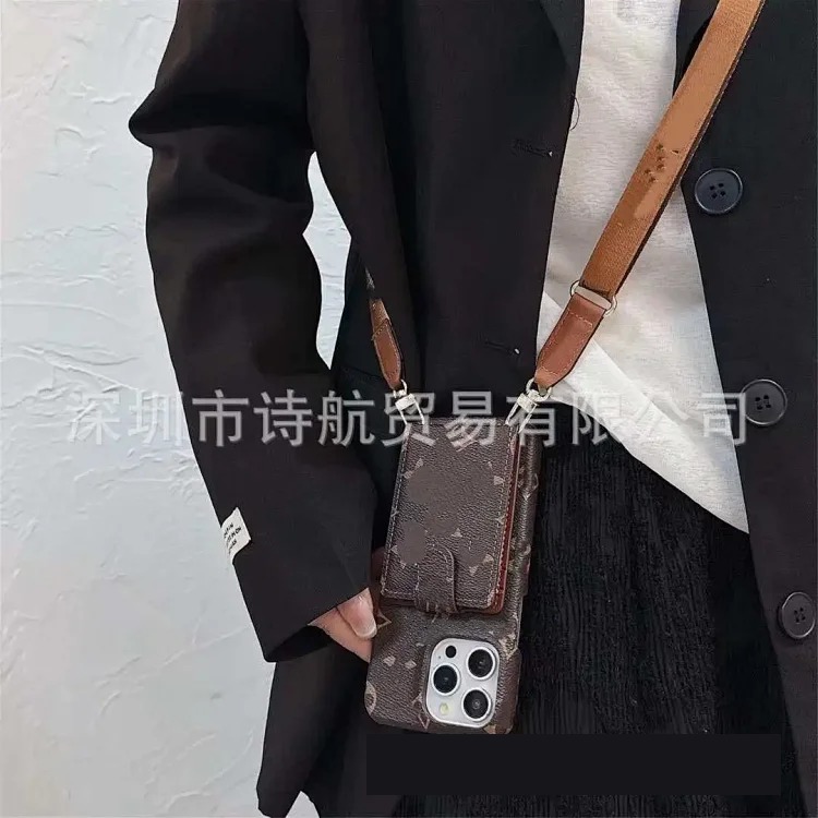 Trendy brand shoulder cross-body card holder suitable for ihone16ro Max mobile phone case half pack leather foreign trade 14 soft shell image 5