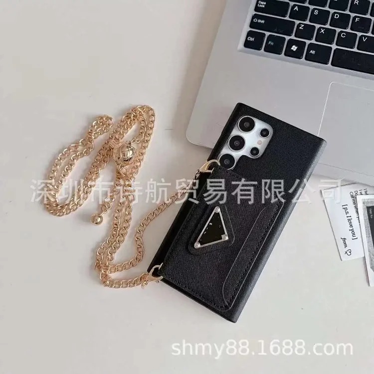 Big brand plug-in card is suitable for ihone17promax mobile phone case diagonally across the chain Apple 16 simple leather case protective cover