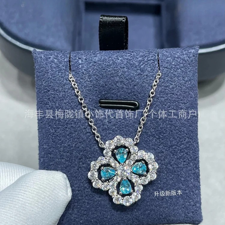 High V gold HW four-leaf clover necklace pendant full of diamond clavicle chain small fresh female blue diamond necklace spot direct sale