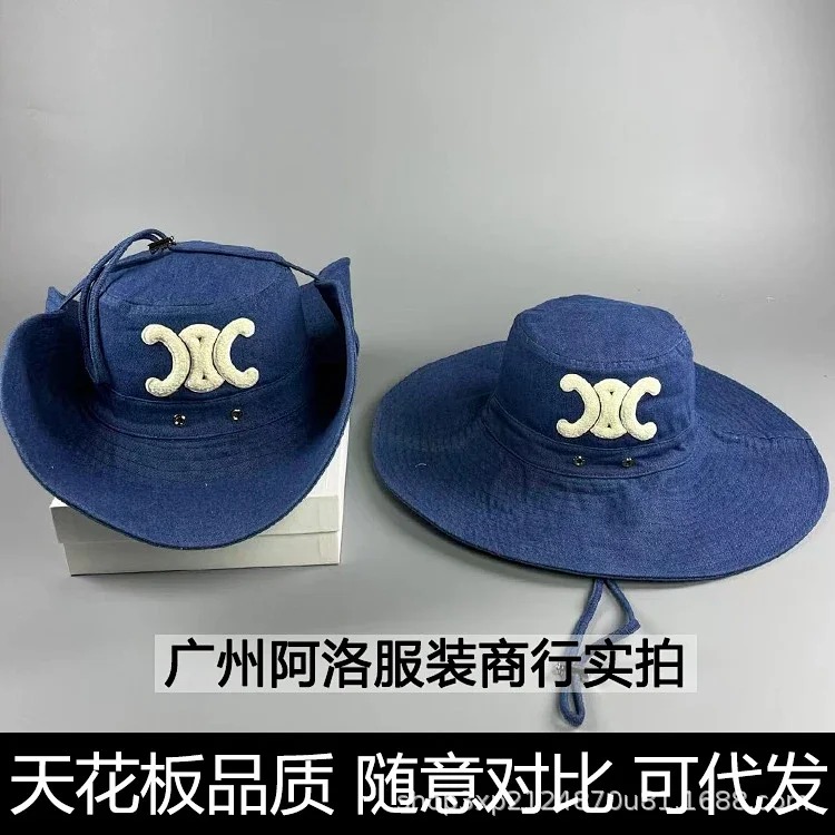Celine High-end CE correct of Arc de Triomphe large brim lanyard fisherman hat beach vacation sunshade travel hat