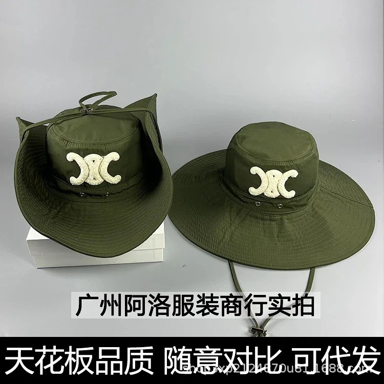 Celine High-end CE correct of Arc de Triomphe large brim lanyard fisherman hat beach vacation sunshade travel hat