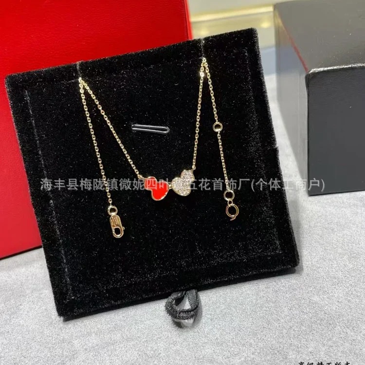 Gucci V gold high gourd necklace thick plated 18K rose gold natural carnelian white mother-of-pearl pendant diamond double gourd