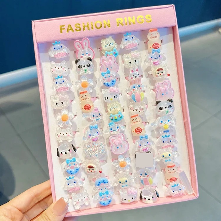 50 boxed cartoon nostalgic style rings frosted texture plastic rings kindergarten children's ring gift box