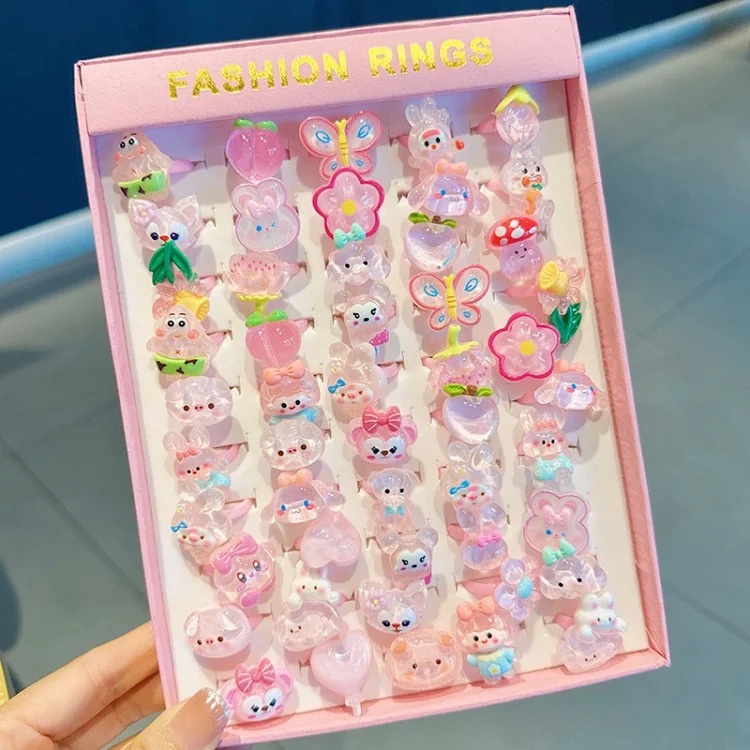 50 boxed cartoon nostalgic style rings frosted texture plastic rings kindergarten children's ring gift box