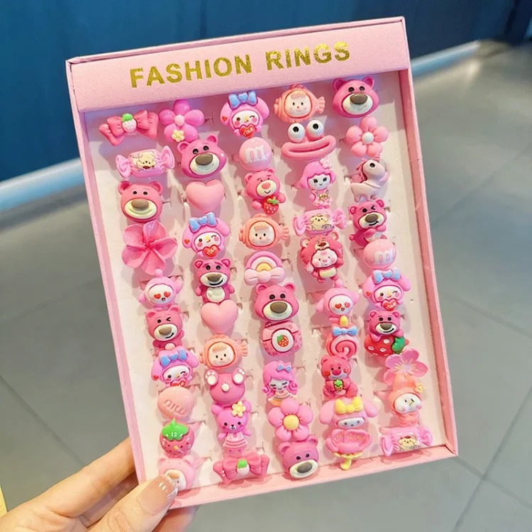 50 boxed cartoon nostalgic style rings frosted texture plastic rings kindergarten children's ring gift box