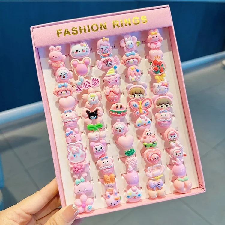50 boxed cartoon nostalgic style rings frosted texture plastic rings kindergarten children's ring gift box