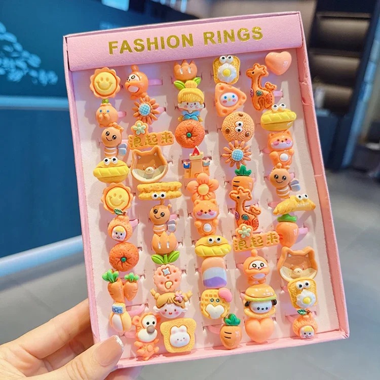 50 boxed cartoon nostalgic style rings frosted texture plastic rings kindergarten children's ring gift box