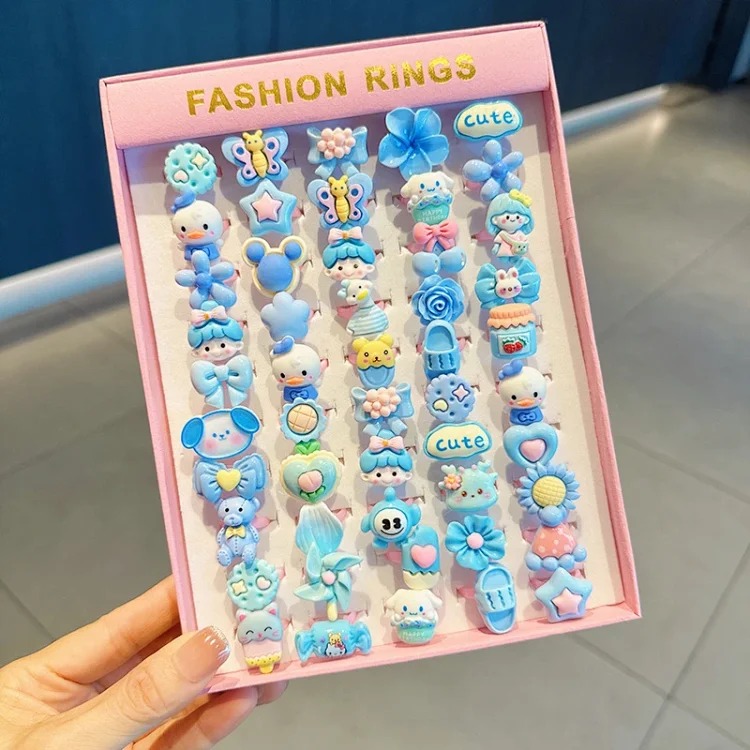 50 boxed cartoon nostalgic style rings frosted texture plastic rings kindergarten children's ring gift box