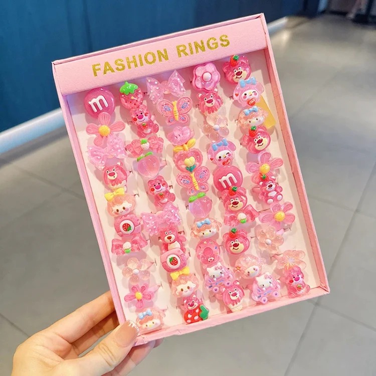 50 boxed cartoon nostalgic style rings frosted texture plastic rings kindergarten children's ring gift box