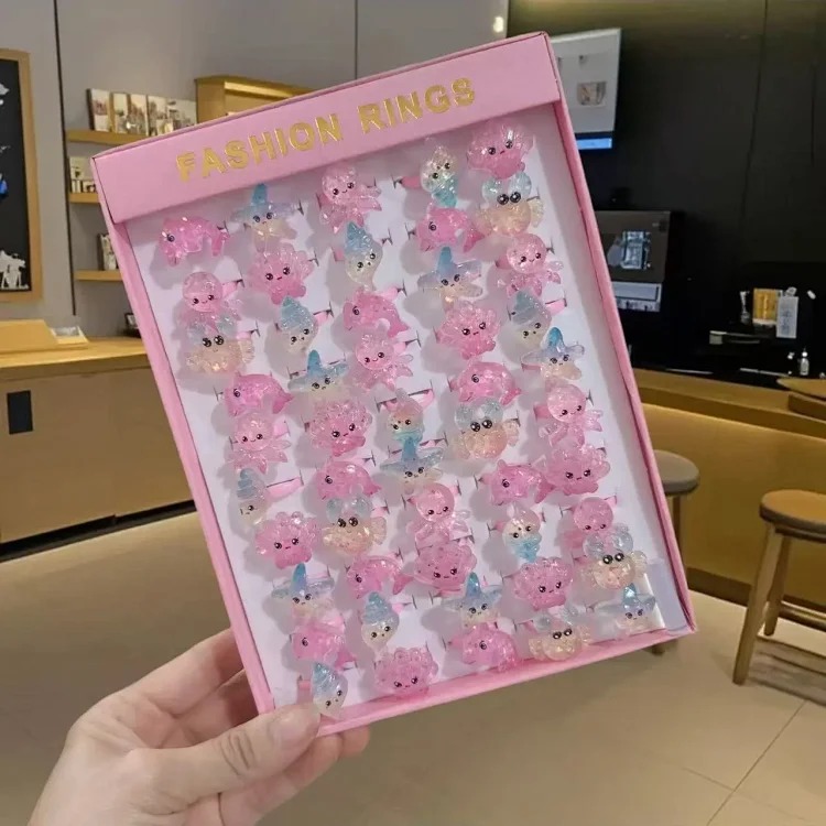 50 boxed cartoon nostalgic style rings frosted texture plastic rings kindergarten children's ring gift box